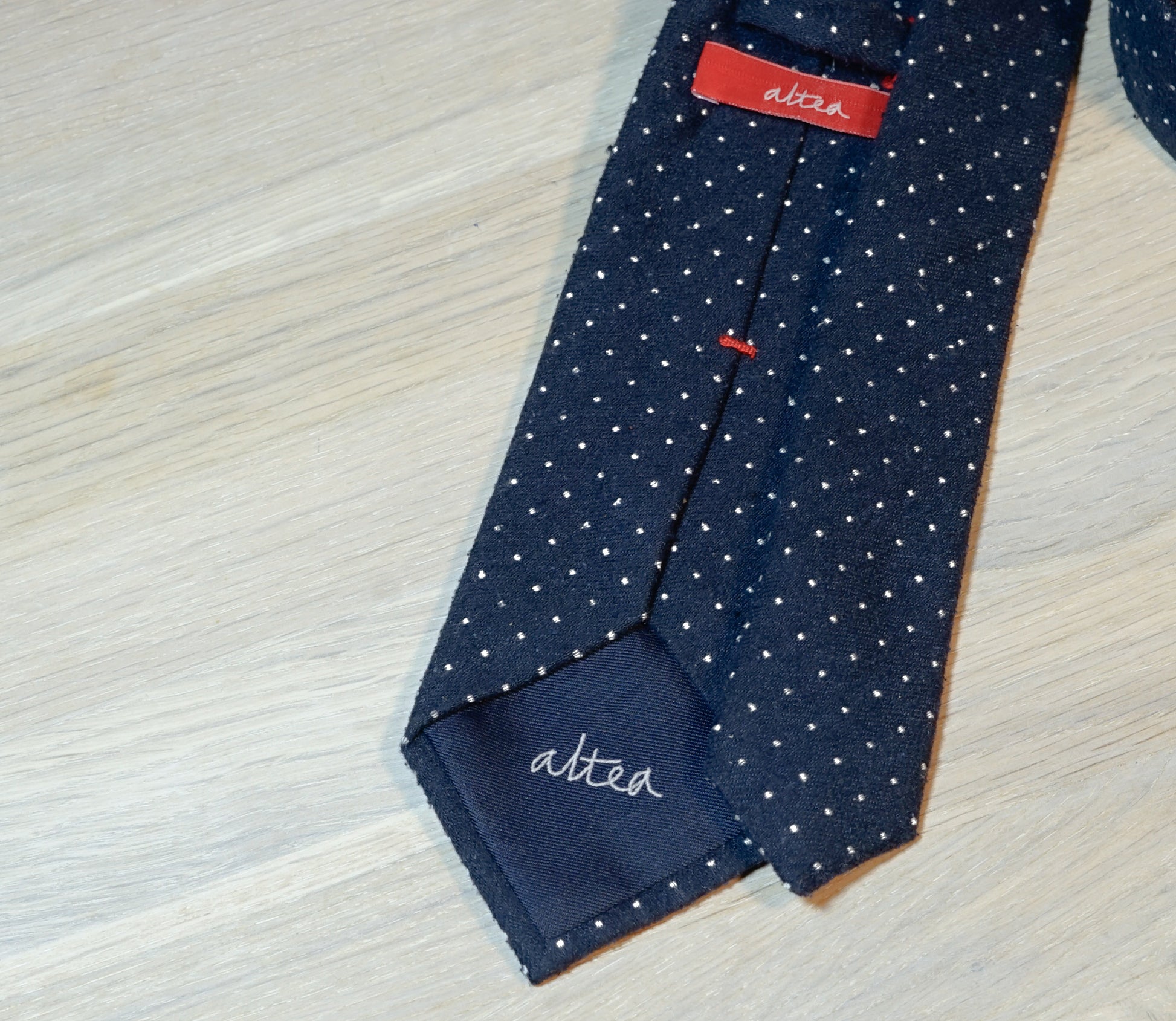 Altea-navy-white-dotted-tussah-silk-tie-back
