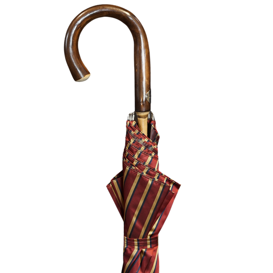 Red multistripe Chestnut Wooden Stick Umbrella - The Bespoke Shop