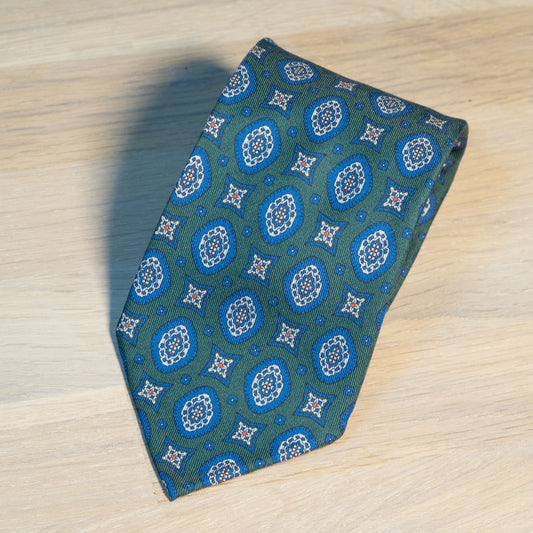 Green/Navy Medallion Madder Silk Tie Untipped - The Bespoke Shop