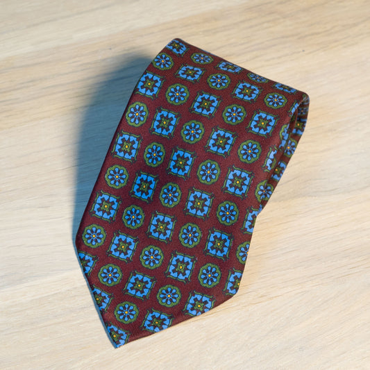 Wine Red/blue Medallion Madder Silk Tie Untipped - The Bespoke Shop