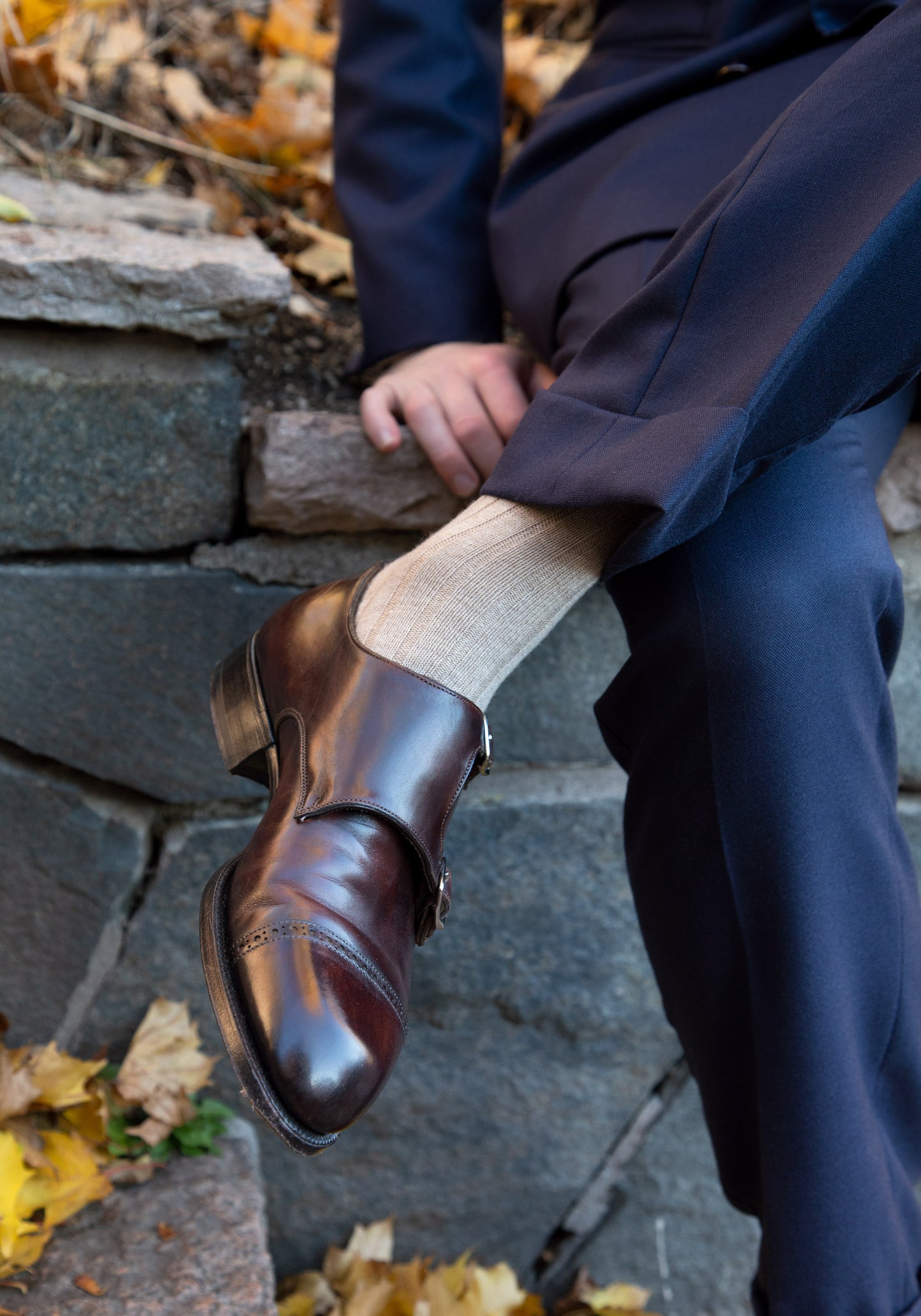 Beige Over The Calf Ribbed Cashmere/Wool Socks - The Bespoke Shop