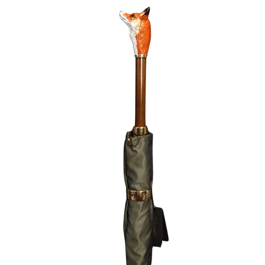 Olive green Enameled Brass Fox handle Umbrella - The Bespoke Shop 