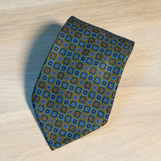 Green/Navy Medallion Madder Silk Tie Untipped - The Bespoke Shop 
