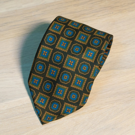 Black/Beige Medallion Madder Silk Tie Untipped - The Bespoke Shop 