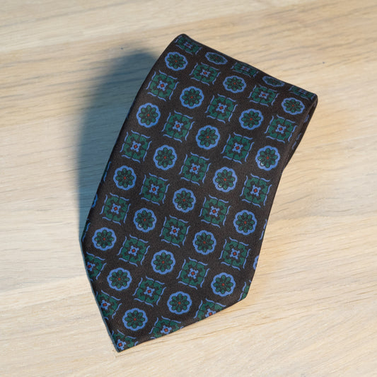 Brown/Green Medallion Madder Silk Tie Untipped - The Bespoke Shop 