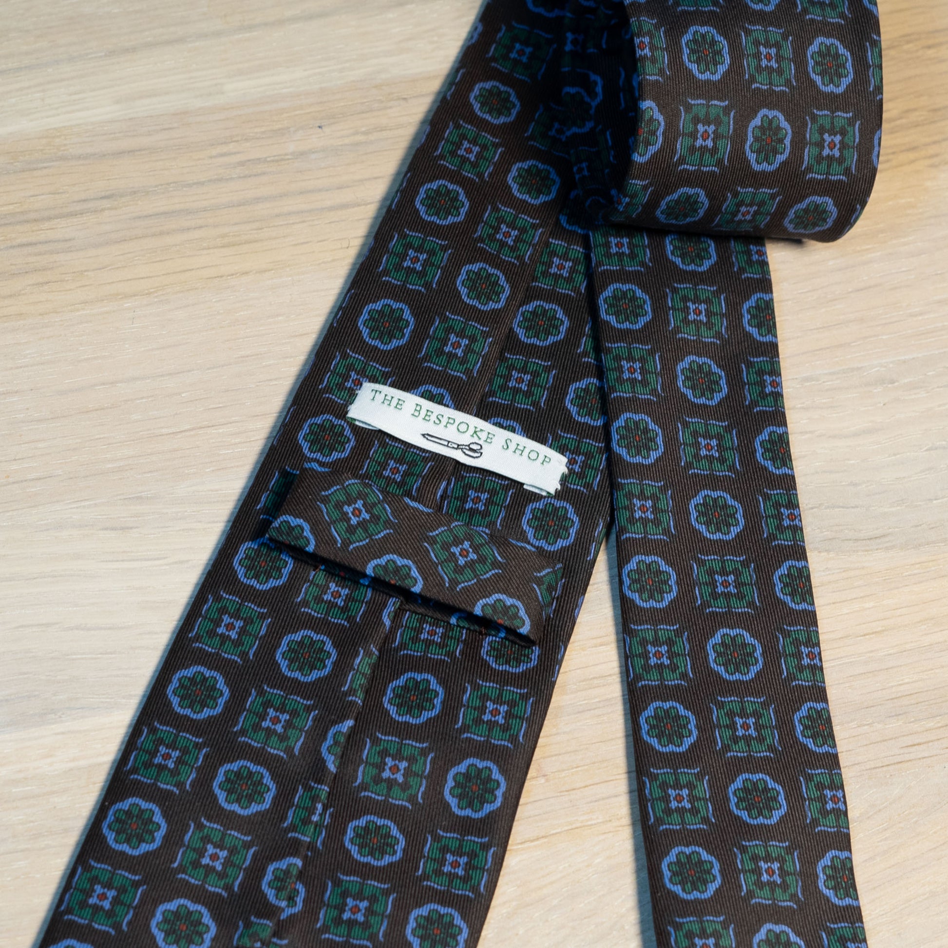 Brown/Green Medallion Madder Silk Tie Untipped - The Bespoke Shop 