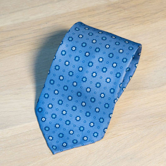 Light Blue/Navy Medallion Floral Silk Tie Untipped - The Bespoke Shop 