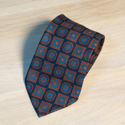 Navy/Red Medallion Ancient Madder Silk Tie Untipped - The Bespoke Shop 