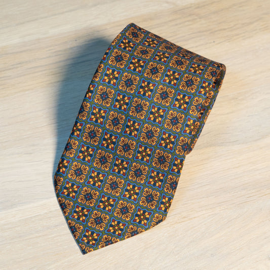 Orange/Green Medallion Madder Silk Tie Untipped - The Bespoke Shop 