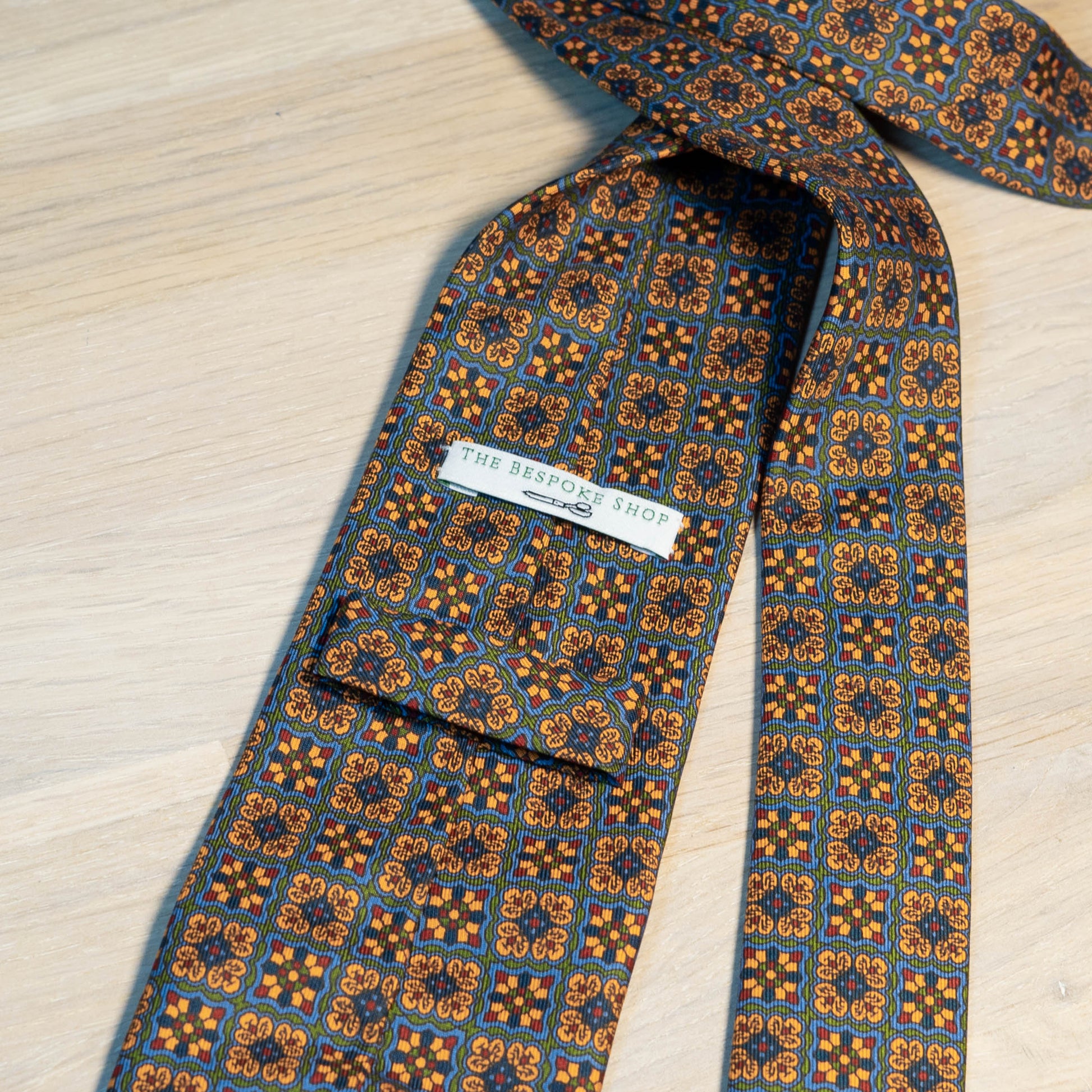 Orange/Green Medallion Madder Silk Tie Untipped - The Bespoke Shop 