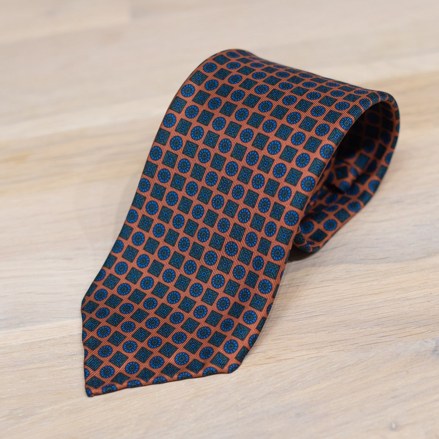 Orange/Green Medallion Madder Silk Tie Untipped - The Bespoke Shop 