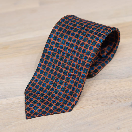Orange/Green Medallion Madder Silk Tie Untipped - The Bespoke Shop 