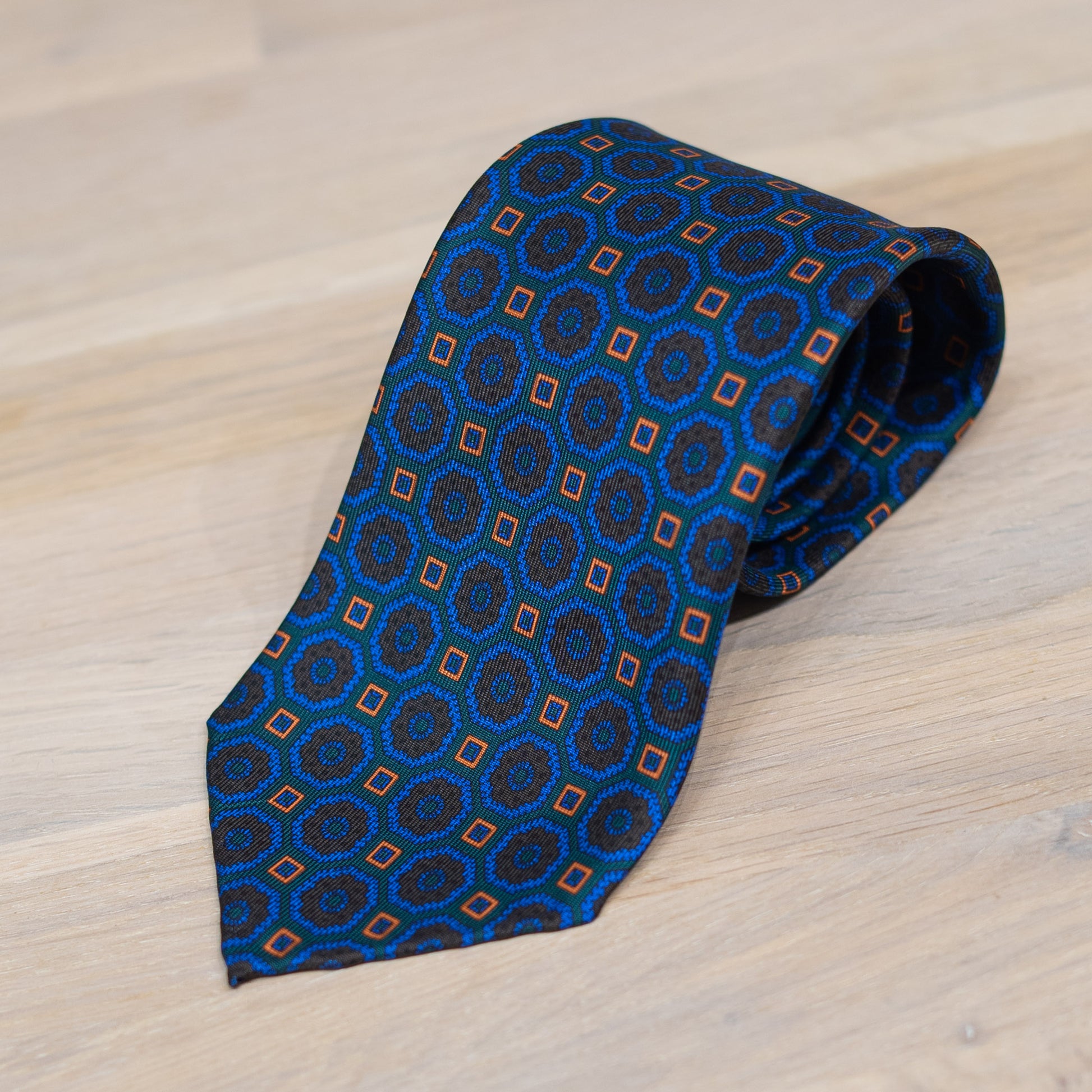 Green/Blue Medallion Madder Silk Tie Untipped - The Bespoke Shop 