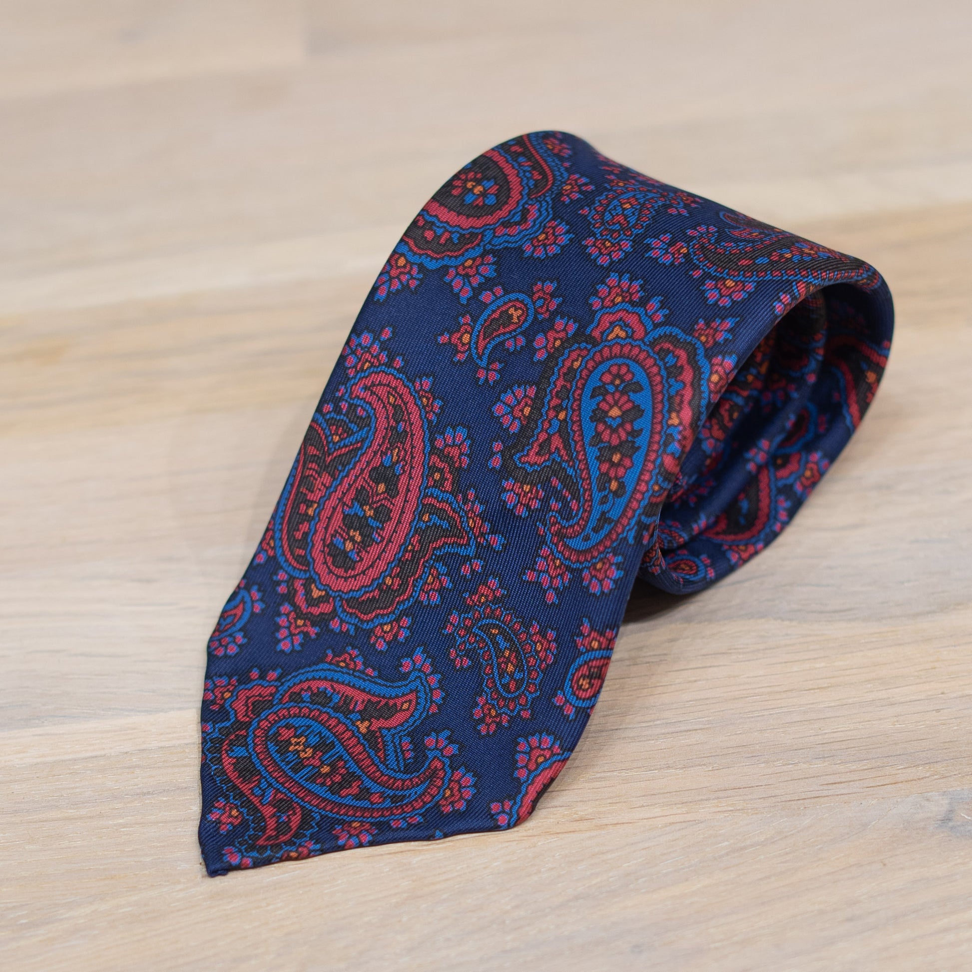 Navy/Red Paisley Madder Silk Tie Untipped - The Bespoke Shop 