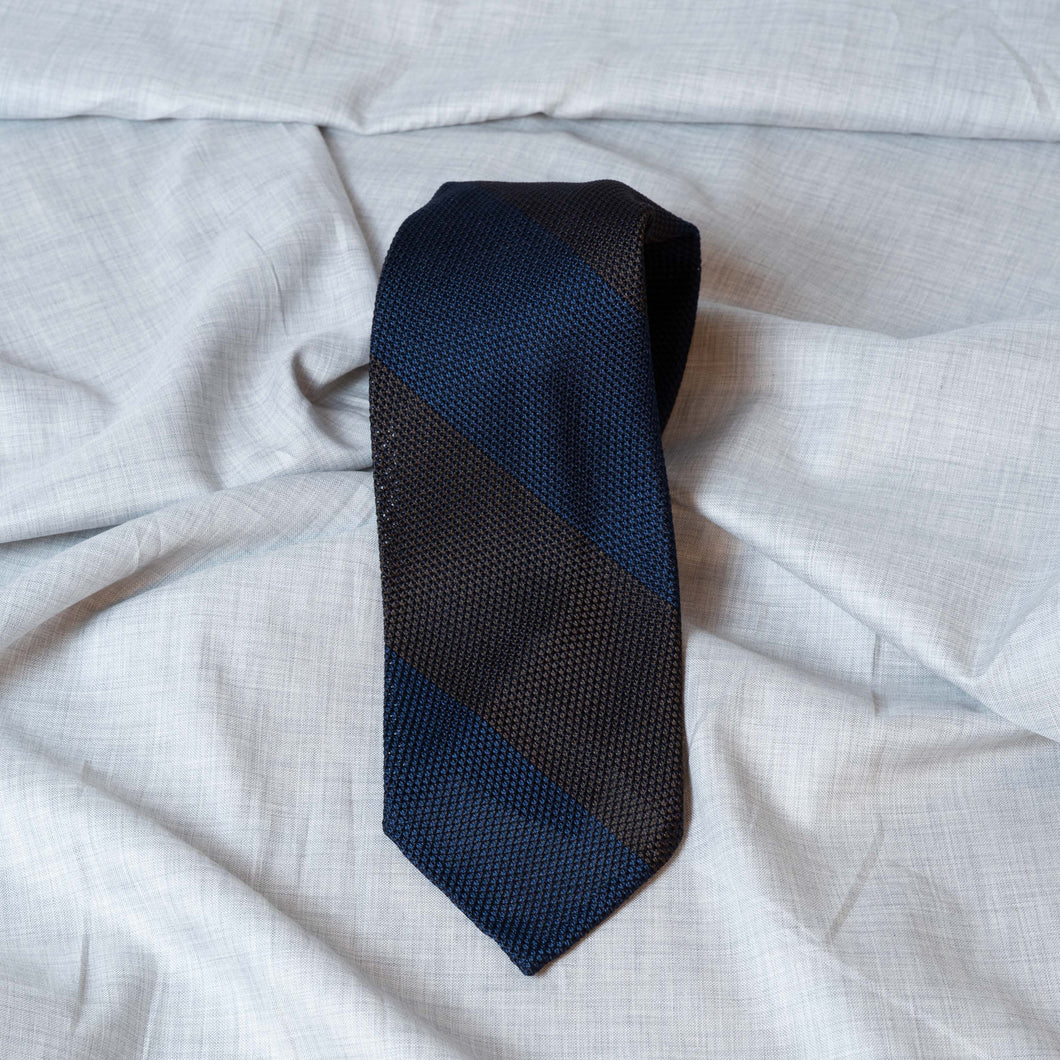 Navy/Brown Block Stripe Garza Fina Grenadine Silk Tie Untipped - The Bespoke Shop 