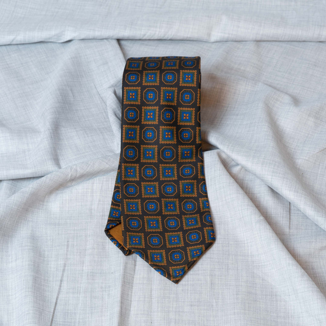 Black/Beige Medallion Madder Silk Tie Untipped - The Bespoke Shop 