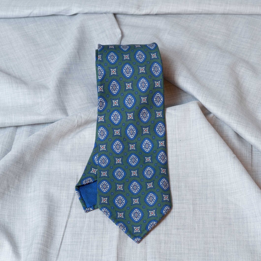 Green/Navy Medallion Madder Silk Tie Untipped - The Bespoke Shop 